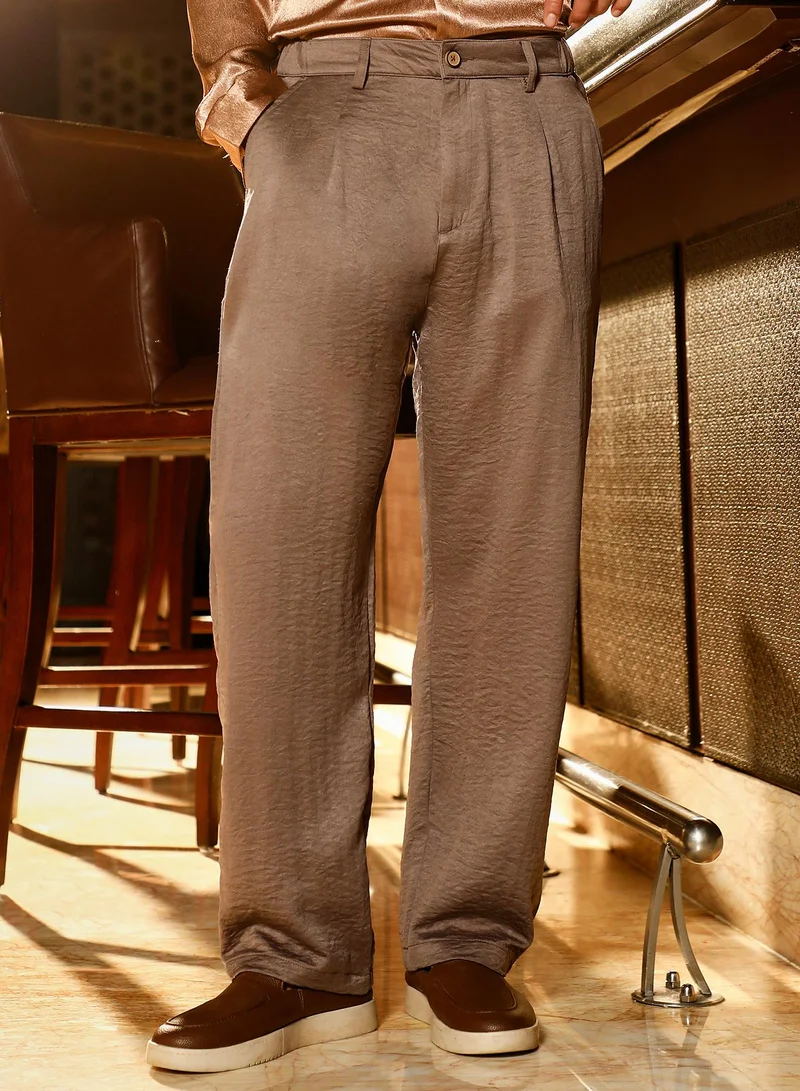 Campus Sutra Campus Sutra Men's Ash Brown Creased-Pleated Straight Trousers | Mid-Rise , Straight Hem , Button Closure | Solid Creased | Polyester Blend Trousers For Party  Wear