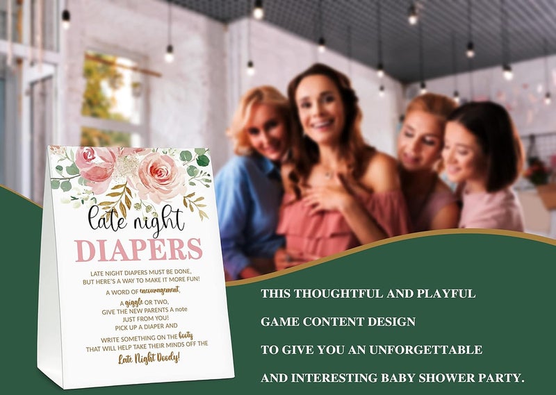 Gihyan Late Night Diapers Sign Greenery Floral Note Cards Diaper Thoughts Late Night Diaper Baby Shower Game Set1 Standing Sign  20 Blank Greeting Cards Blush Pink Baby Shower Party Favor Decor  A07 - Image 5
