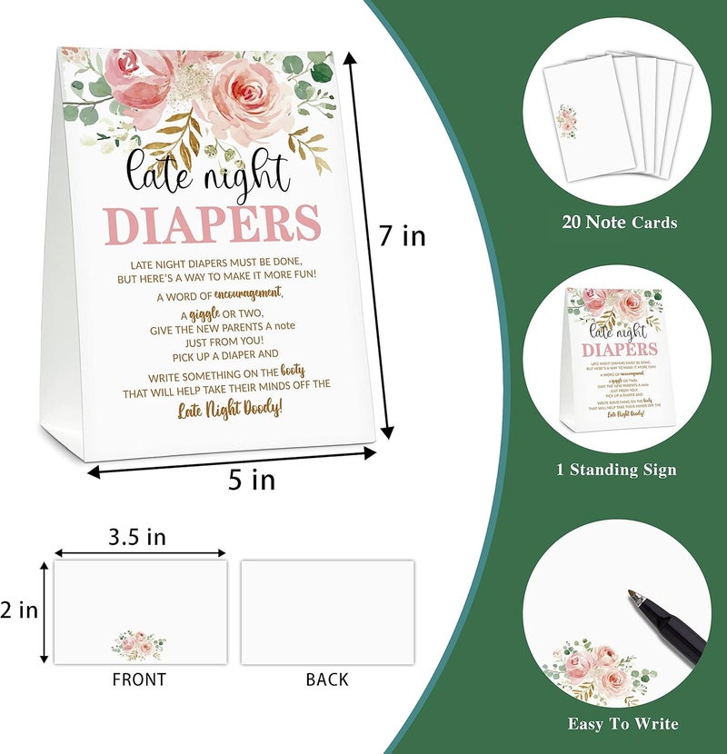 Gihyan Late Night Diapers Sign Greenery Floral Note Cards Diaper Thoughts Late Night Diaper Baby Shower Game Set1 Standing Sign  20 Blank Greeting Cards Blush Pink Baby Shower Party Favor Decor  A07 - Image 3