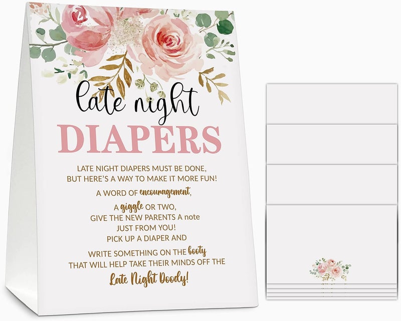 Gihyan Late Night Diapers Sign Greenery Floral Note Cards Diaper Thoughts Late Night Diaper Baby Shower Game Set1 Standing Sign  20 Blank Greeting Cards Blush Pink Baby Shower Party Favor Decor  A07 - Image 1