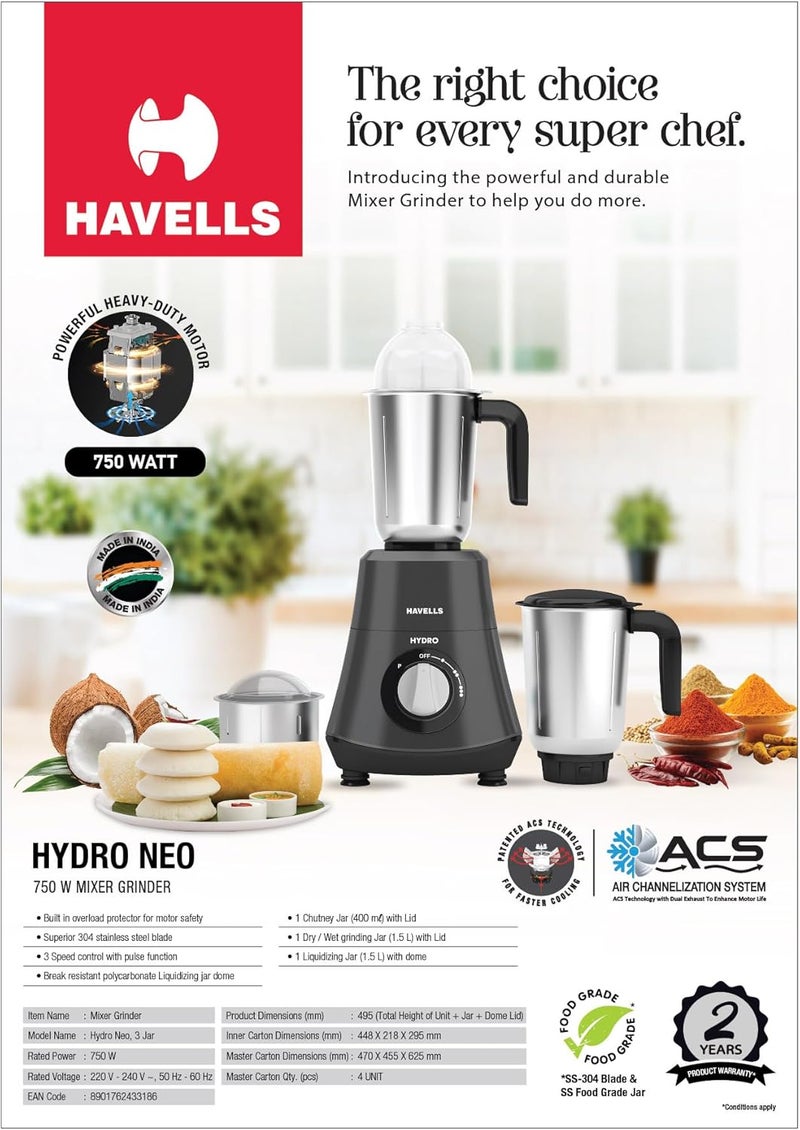 Havells 750W Hydro Neo Mixer Grinder with 1.5L Liquidizing Jar, 1.5L Wet and Dry Jar, 0.4L Chutney Jar, Grey - Image 5