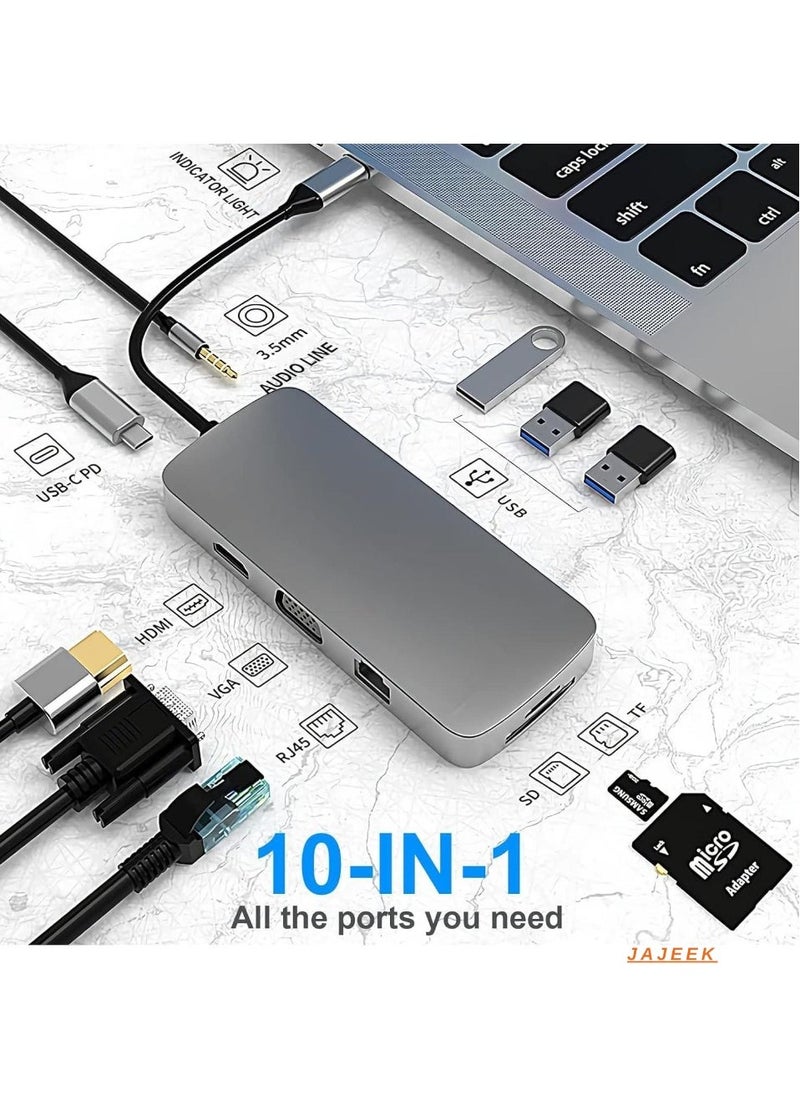 JAJEEK 10-in-1 USB C Hub Docking Station with 4K HDMI, VGA, USB 3.0, Ethernet, SD/TF Card Reader, 3.5mm AUX – Multi-Port Adapter for MacBook Pro & Type C Laptops – Fast Data Transfer, High-Resolution Display & Seamless Connectivity  - Image 1