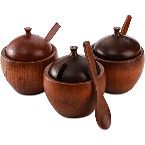 DEAYOU 3 Pack Wood Salt Box Spice Jar, Natural Wooden Salt Cellar with Lid and Spoon, Sugar Bowl Pepper Seasoning Container Holder Keeper for Kitchen, Serving, Condiment, Japanese Style - Image 1