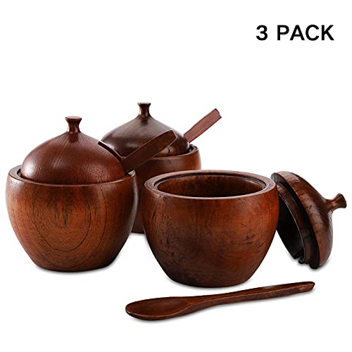 DEAYOU 3 Pack Wood Salt Box Spice Jar, Natural Wooden Salt Cellar with Lid and Spoon, Sugar Bowl Pepper Seasoning Container Holder Keeper for Kitchen, Serving, Condiment, Japanese Style - Image 3