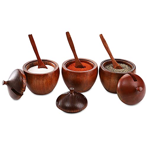 DEAYOU 3 Pack Wood Salt Box Spice Jar, Natural Wooden Salt Cellar with Lid and Spoon, Sugar Bowl Pepper Seasoning Container Holder Keeper for Kitchen, Serving, Condiment, Japanese Style - Image 4