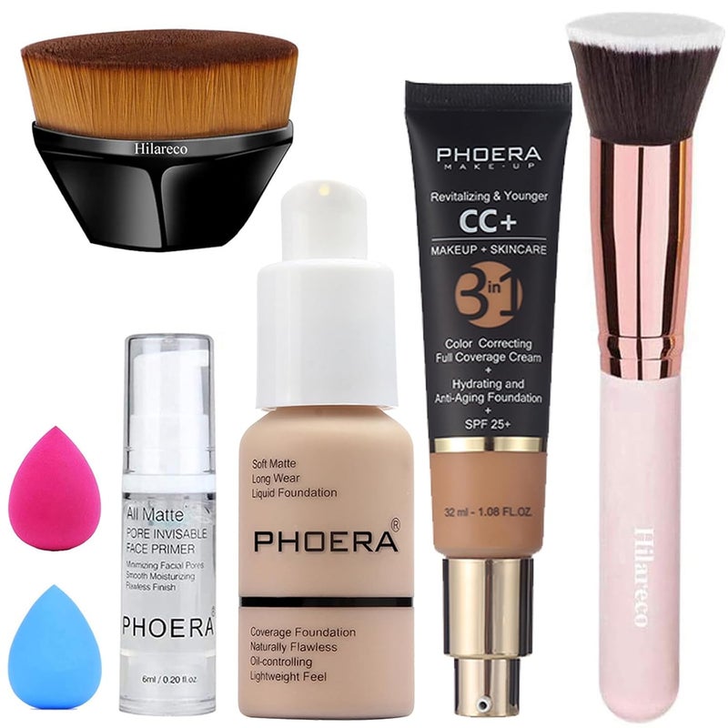 Hilareco PHOERA FoundationPHOERA CC Cream Foundation Color Correcting Anti Aging Hydrating Serum SPF 25PHOERA Primer PHOERA Makeup Foundation Makeup Brushes 102 Nude140 Buff Beige CC Cream