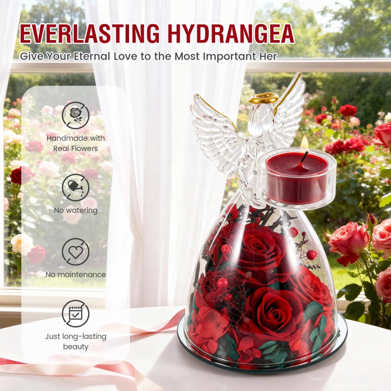 AIMEYE Valentines Day Angel Candle Holder Roses Gifts for Women,Valentines Day Preserved Real Flowers Roses in Glass Angel Figurines with Tealight Candle Holder./Red - Image 2