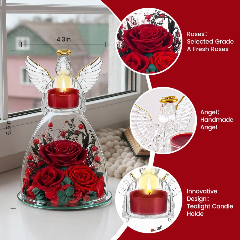 AIMEYE Valentines Day Angel Candle Holder Roses Gifts for Women,Valentines Day Preserved Real Flowers Roses in Glass Angel Figurines with Tealight Candle Holder./Red - Image 3