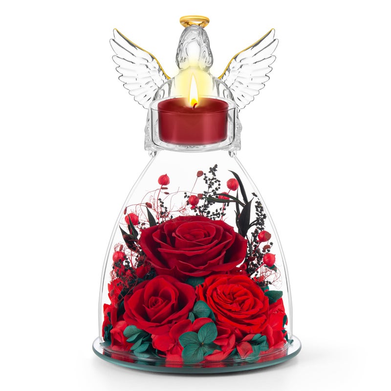 AIMEYE Valentines Day Angel Candle Holder Roses Gifts for Women,Valentines Day Preserved Real Flowers Roses in Glass Angel Figurines with Tealight Candle Holder./Red - Image 1
