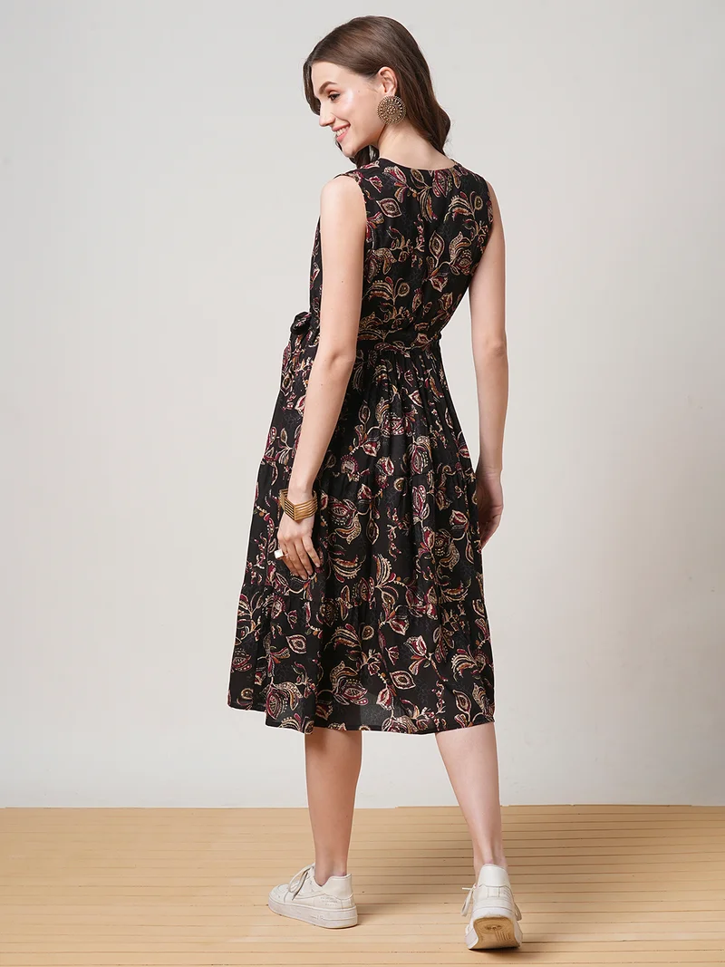 globus Women V-Neck Allover Floral Printed Tiered Midi Fit & Flare Fusion Dress With Belt
