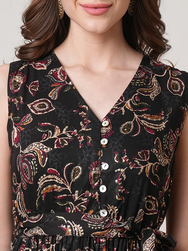 globus Women V-Neck Allover Floral Printed Tiered Midi Fit & Flare Fusion Dress With Belt