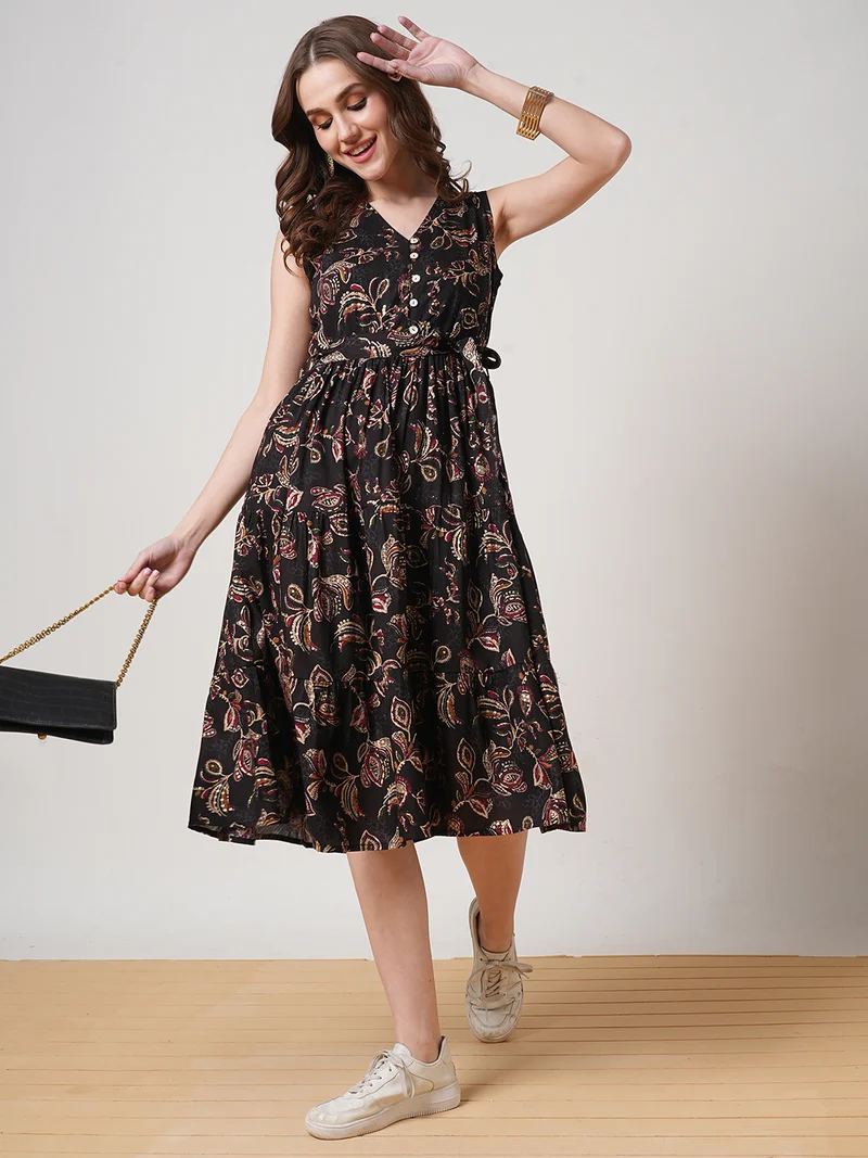 globus Women V-Neck Allover Floral Printed Tiered Midi Fit & Flare Fusion Dress With Belt
