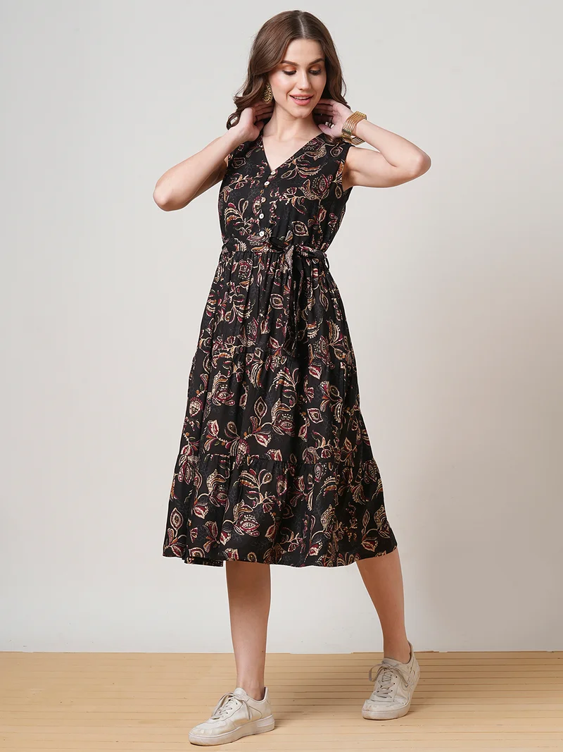globus Women V-Neck Allover Floral Printed Tiered Midi Fit & Flare Fusion Dress With Belt