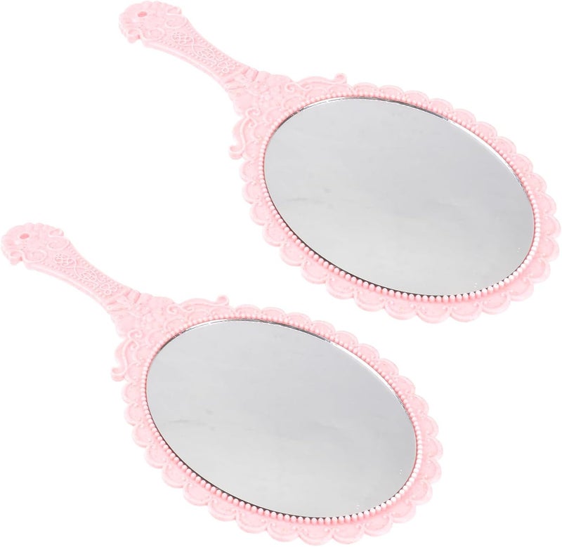 Vintage Handheld Makeup Mirror 2pcs Pink Floral Handle Portable Cosmetic Handheld Mirror for Travel and Personal Beauty Accessories - Image 1