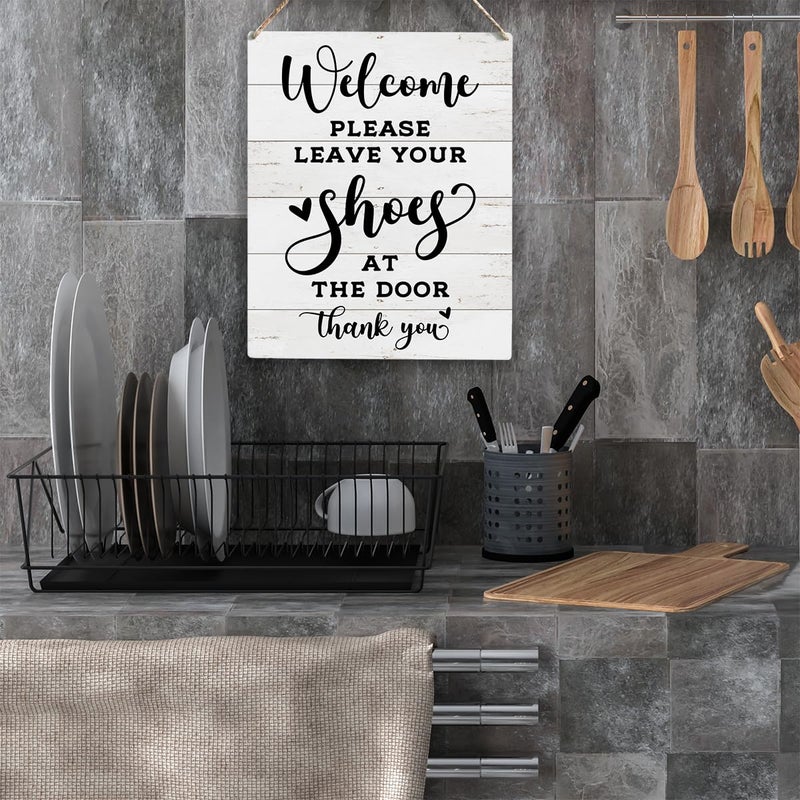 YCYD Front Door Welcome Sign, Please Remove Your Shoes Signs, No Shoes Sign for Home, Wooden Hanging Plaque 10 x 8 Inch, For Home Porch Entrance Decoration - Image 4