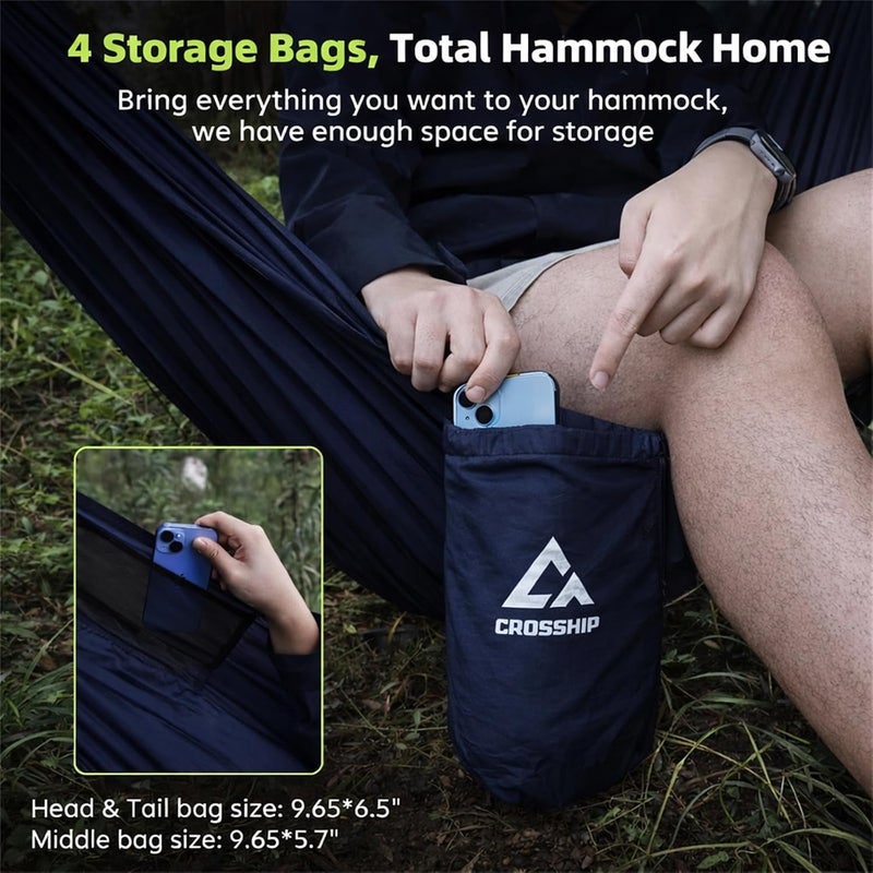 CROSSHIP Camping Hammock with Mosquito Net, 2 Person Hammock Bug Net, Portable, Parachute Nylon for Outdoor, Camping, Hiking, Backpacking, Backyard, Beach, Travel (Hold Up to 500lbs) (Midnight Blue) - Image 3