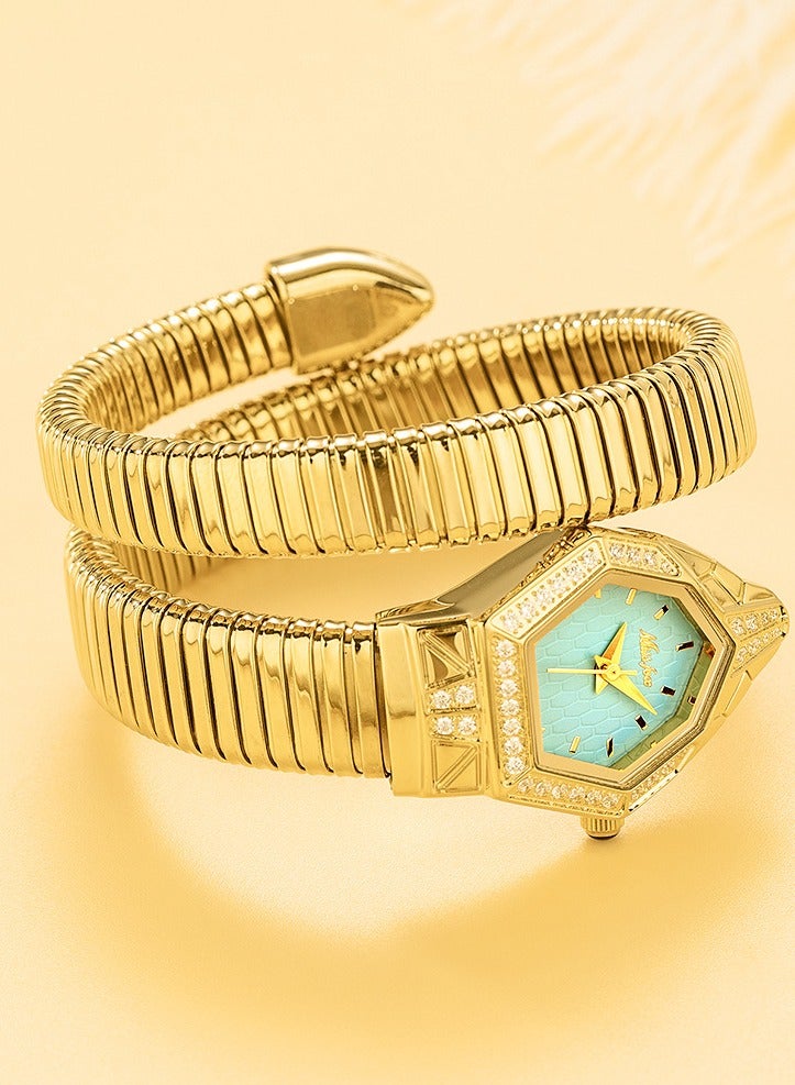 مس_فوكس ساعة نسائية فاخرة بتصميم سوار على شكل ثعبان، ميناء ماسي بشكل ماسي، أنيقة وعصرية، مقاومة للماء بأسلوب عتيق جديد - Image 2