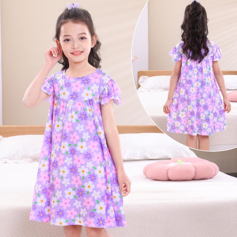 MHJY Girls Nightgowns Flutter Short Sleeves Princess Nightgown Sleepwear Soft Night Dress for Kids Toddler Girls,Purple - Image 2