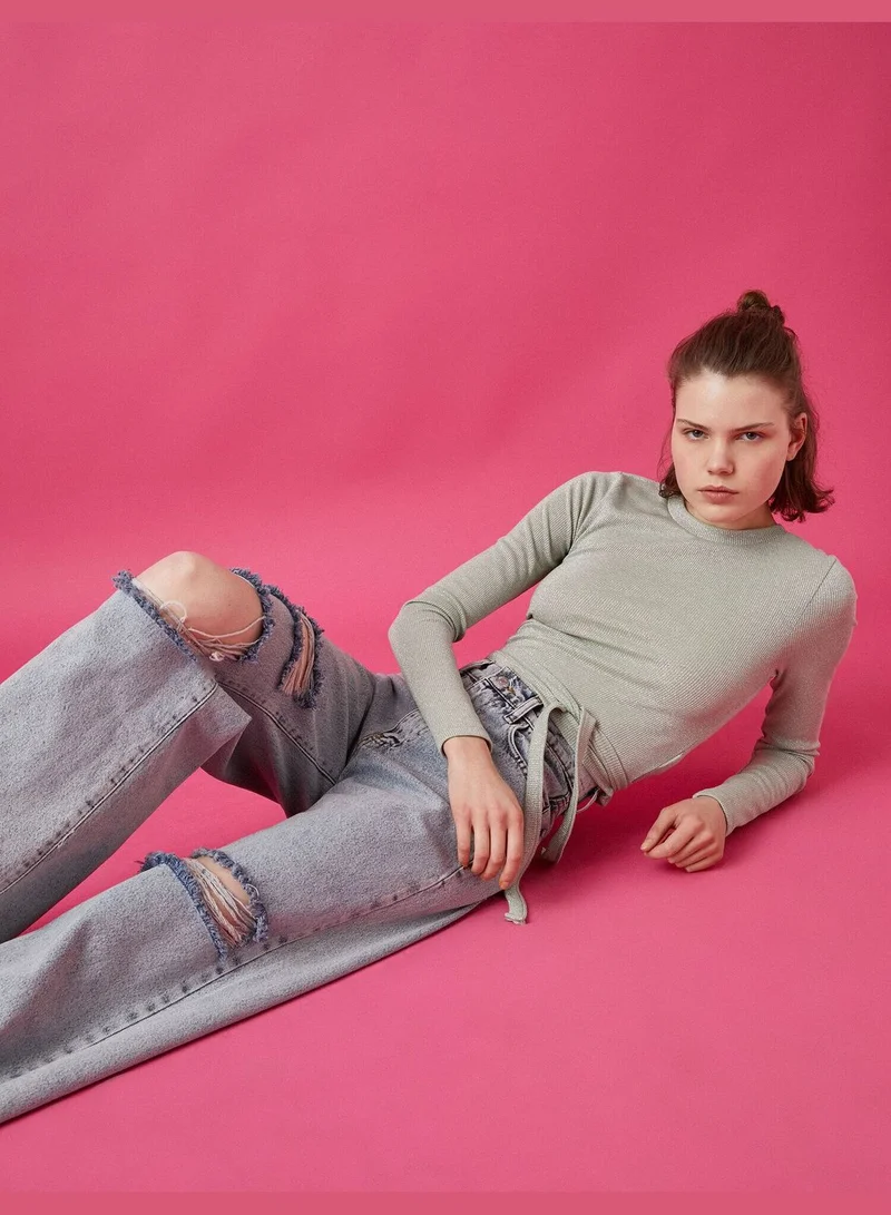 KOTON Crew Neck Long Sleeve Drawstring T-Shirt