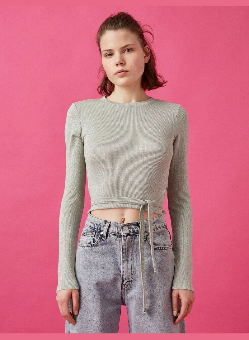 KOTON Crew Neck Long Sleeve Drawstring T-Shirt