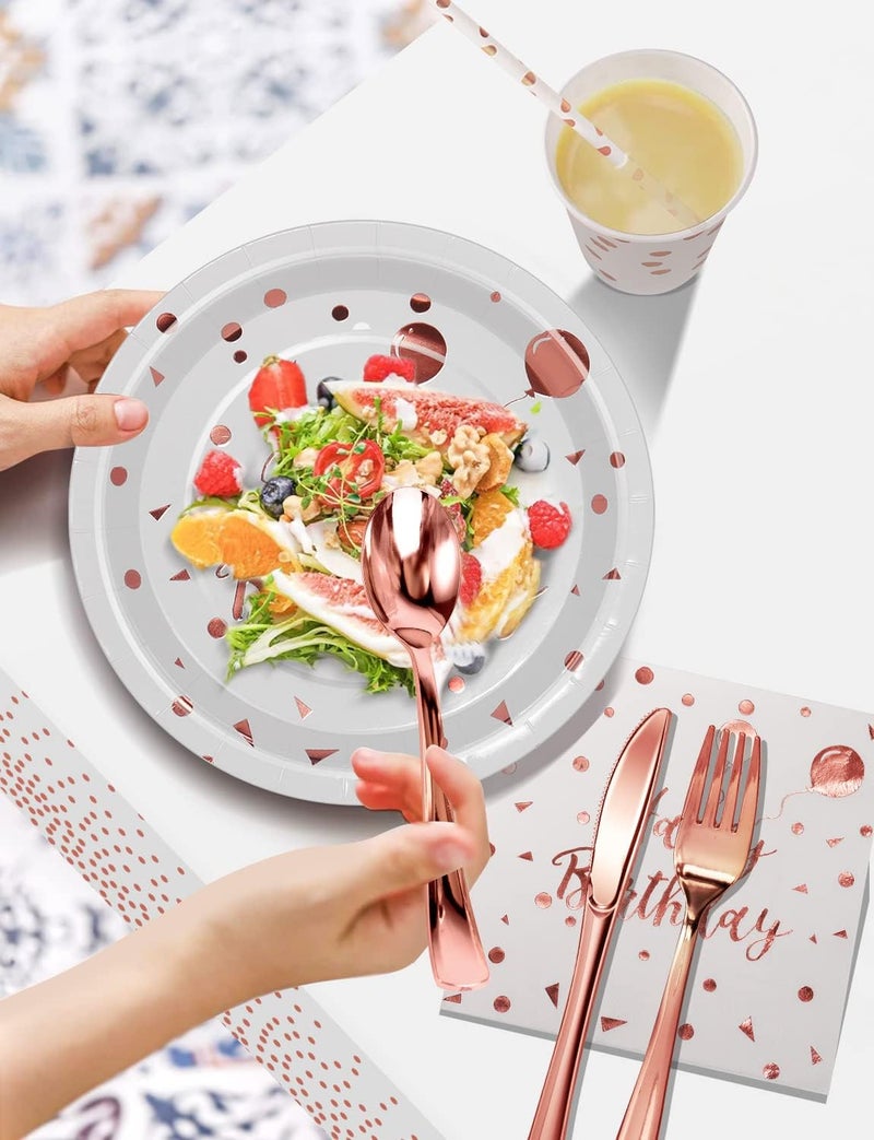 Nkaiso Birthday Party Tableware, 161 Pieces Rosegold Party Supplies, Party Dinnerware Sets Include Paper Plates Napkins Cups Silverware, for Shower Engagement Parties Decoration -20 Serves - Image 4