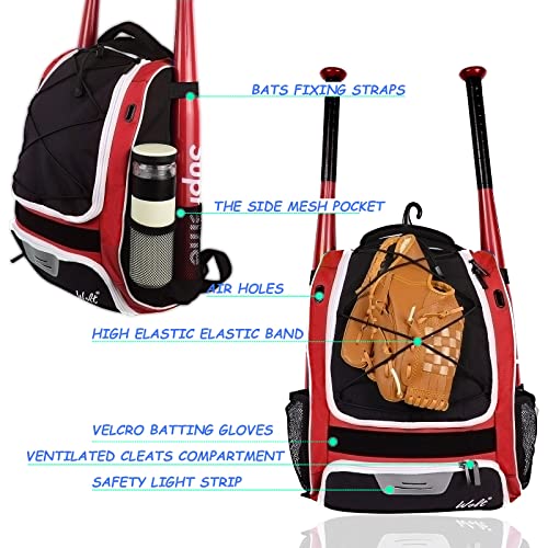 WOLT | Baseball Bat Backpack - Bag for Softball & T-Ball Equipment & Gear, Youth Girl & Adults Women, Holder for Helmet, Glove, Separate Shoes Compartment & Fence Hook (Red) - Image 4