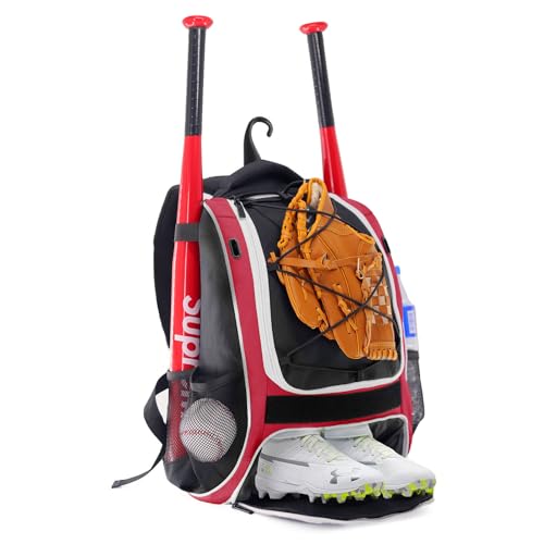 WOLT | Baseball Bat Backpack - Bag for Softball & T-Ball Equipment & Gear, Youth Girl & Adults Women, Holder for Helmet, Glove, Separate Shoes Compartment & Fence Hook (Red) - Image 1