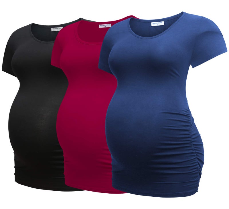 Bearsland Womens Maternity Tshirt 3 Packs Classic Side Ruched Tee Top Mama Pregnancy Clothes,Black+red+Blue,XL
