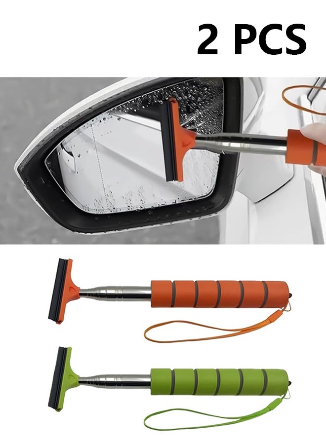 2 Pcs Car Rearview Mirror Wiper, Retractable Auto Glass Squeegee, Water Cleaner with Telescopic Long Rod, Portable Cleaning Tool for All Vehicles, Universal Automotive Accessories (Orange&Green) - Image 1