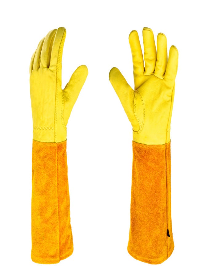 Cross-border cowhide long tube heat-insulated gardening gloves outdoor flower arrangement and vegetable garden gloves anti-cutting work gloves brown pair - Image 5