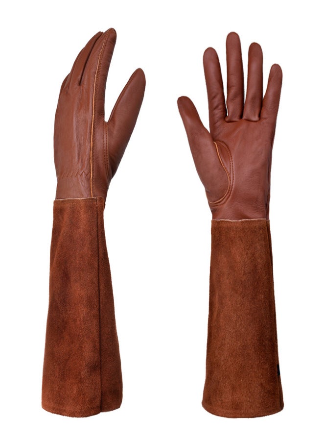 Cross-border cowhide long tube heat-insulated gardening gloves outdoor flower arrangement and vegetable garden gloves anti-cutting work gloves brown pair - Image 1