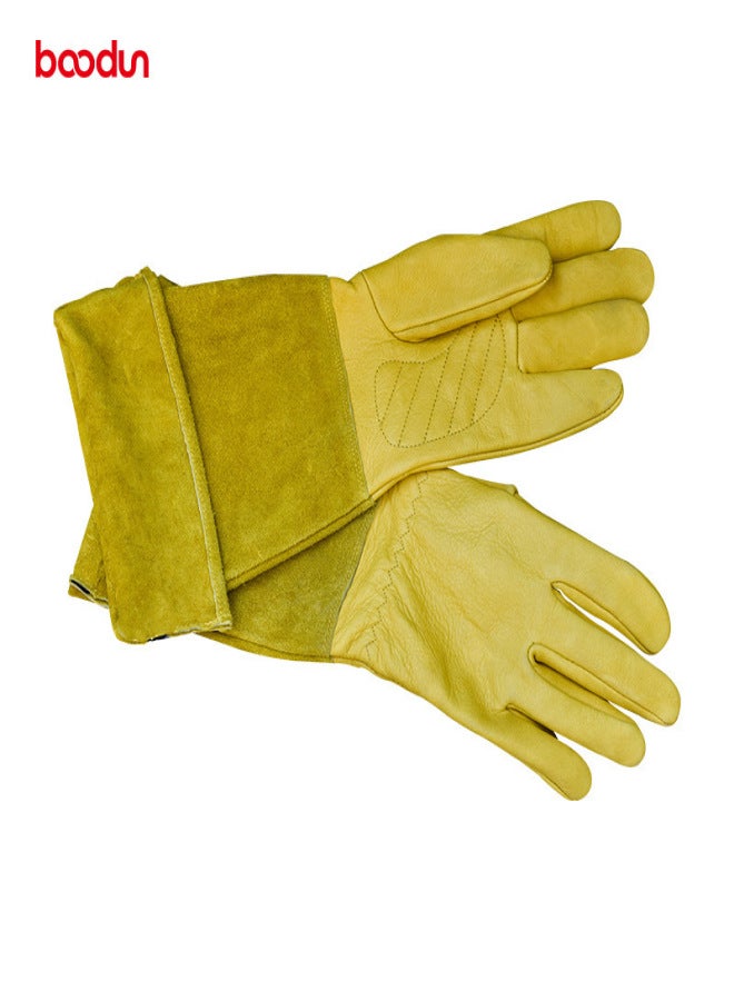 Cross-border cowhide long tube heat-insulated gardening gloves outdoor flower arrangement and vegetable garden gloves anti-cutting work gloves brown pair - Image 2