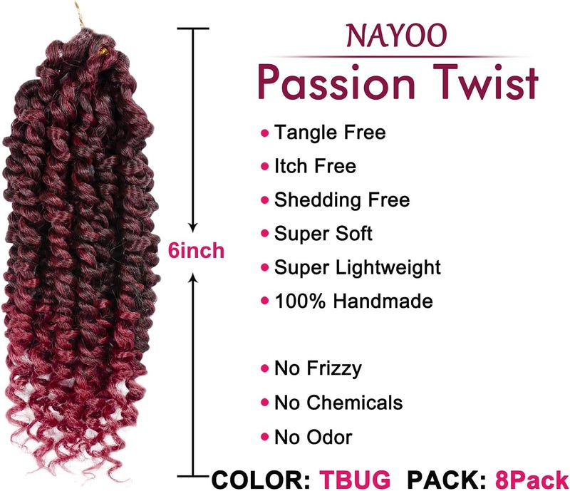NAYOO Passion Twist Hair - 8 Packs 6 Inch Passion Twist Crochet Hair For Black Women, Crochet Pretwisted Curly Hair Passion Twists Synthetic Braiding Hair Extensions(6 Inch 8 Packs, TBUG) - Image 2