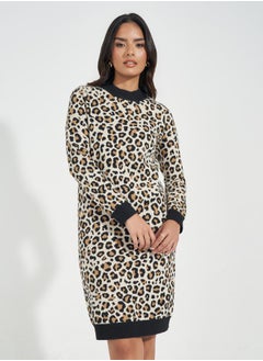 Animal Print Knit Sweater Knee Length Dress