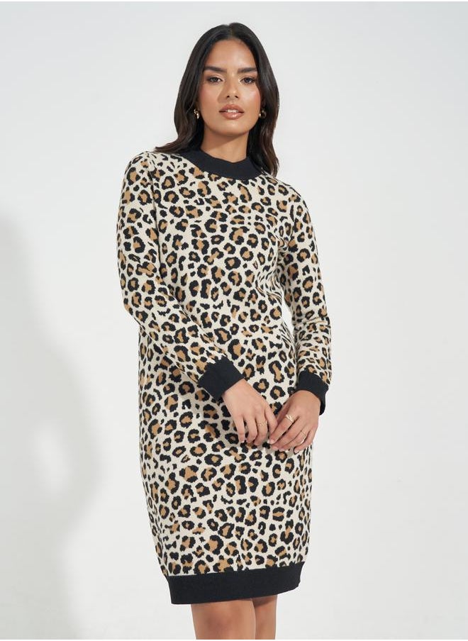 Styli - Animal Print Knit Sweater Knee Length Dress - Image 1