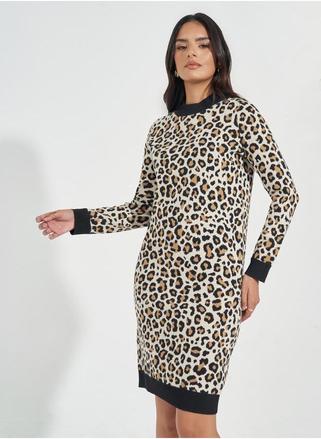 Styli - Animal Print Knit Sweater Knee Length Dress - Image 1