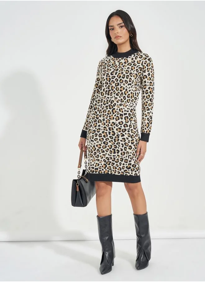 Styli Animal Print Knit Sweater Knee Length Dress