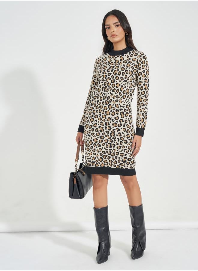 Styli - Animal Print Knit Sweater Knee Length Dress - Image 1