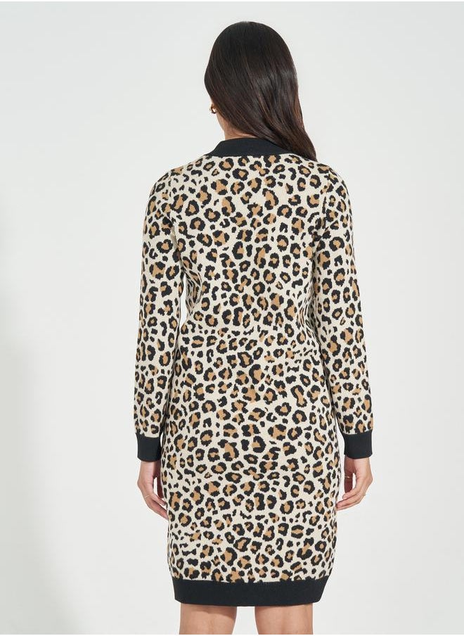 Styli - Animal Print Knit Sweater Knee Length Dress - Image 1