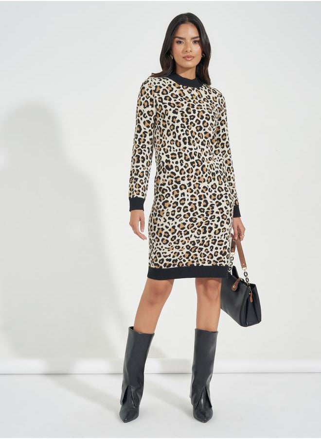 Styli - Animal Print Knit Sweater Knee Length Dress - Image 1