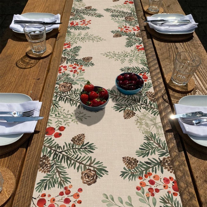 WINTER PINE CONE NEEDLE BRANCH BERRY TABLE RUNNER WATERCOLOR BOTANICAL TABLETOP SCARF HOME KITCHEN PLANT DECOR CHRISTMAS FARMHOUSE HOLIDAY RUSTIC BURLAP DINING DECORATIONS PARTY SUPPLY 13 X90