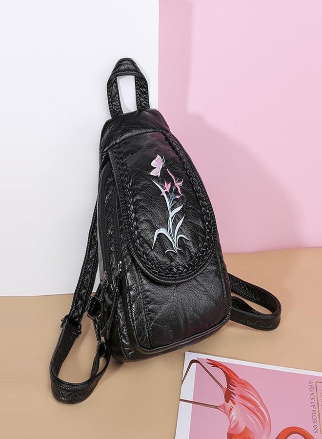 NIGEDU Vintage Embroidered Women Backpacks Soft PU Leather Backpack Purse Small Female Travel Bag Black Chest Packs (Cats) - Image 3