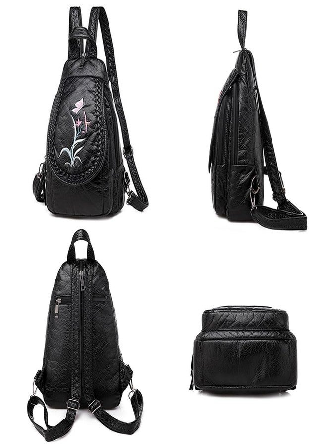 NIGEDU Vintage Embroidered Women Backpacks Soft PU Leather Backpack Purse Small Female Travel Bag Black Chest Packs (Cats) - Image 4