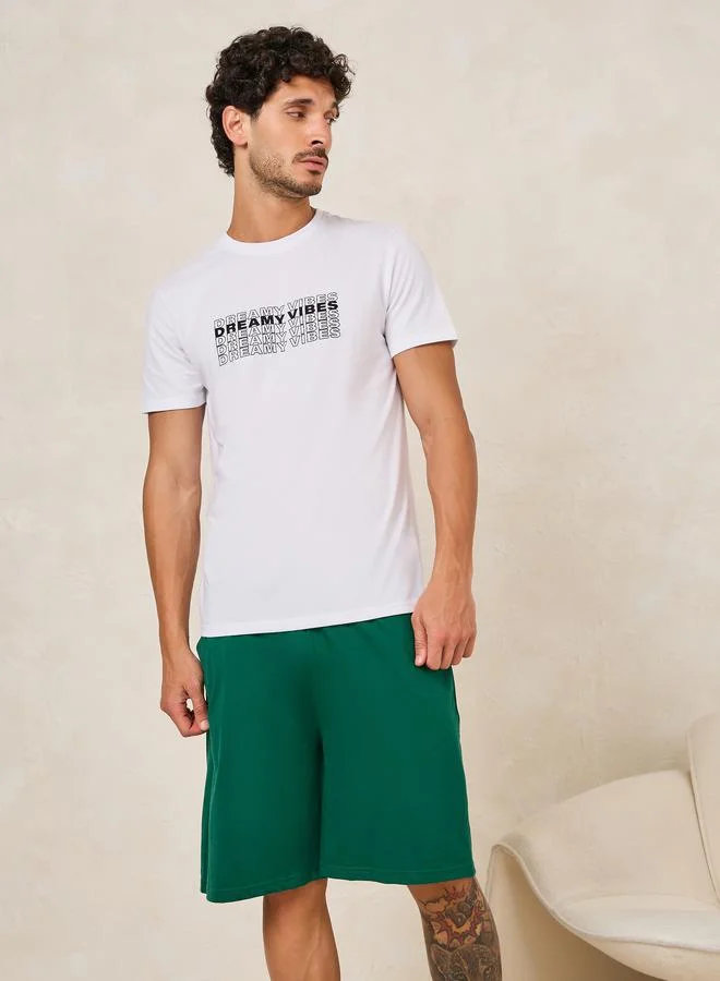 Styli Slogan Print Cotton T-Shirt & Shorts Set