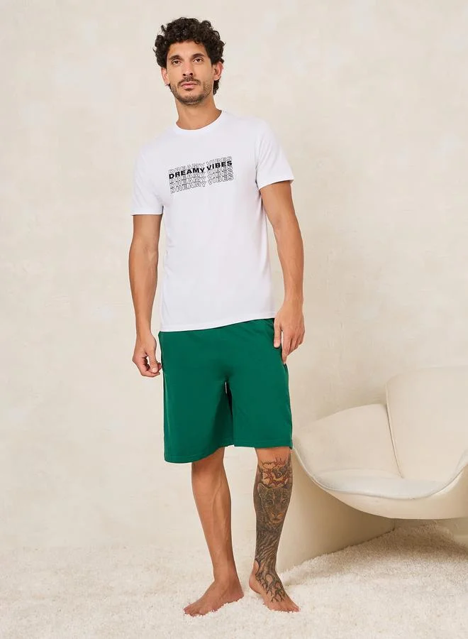 Styli Slogan Print Cotton T-Shirt & Shorts Set