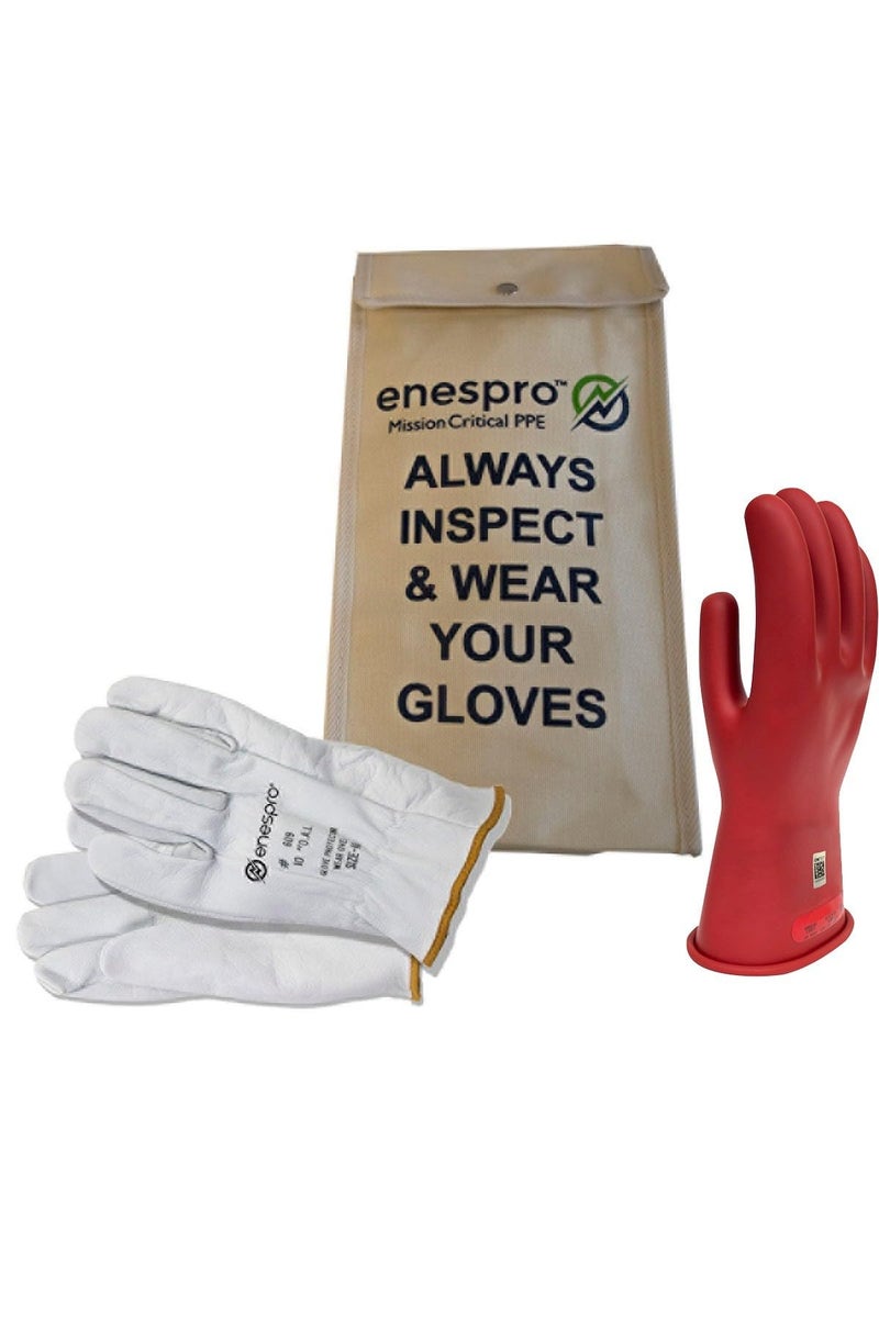 Enespro Class 0 Insulated Work Gloves, 1000 V AC, 1500 V DC Rubber Electrical Voltage Gloves with Leather Protectors & Carrying Case, ASTM D120 NFPA 70E Compliant, Electrician Safety Gloves, KITGC0R11 - Image 1