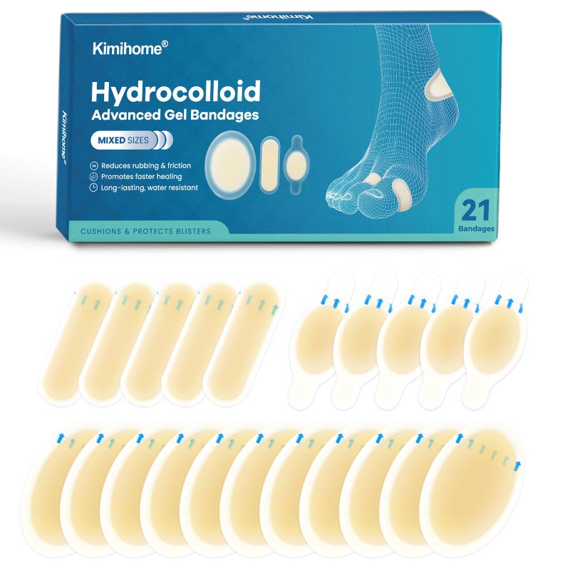 Kimihome Gel Blister Bandages - 21 PCS Hydrocolloid Bandages for Feet, Blister Cushions Pads for Prevention Recovery, Water Resistant Adhesive Bandages for Heel, Toes, Daily & Travel Essentials (Variety Pack) - Image 1