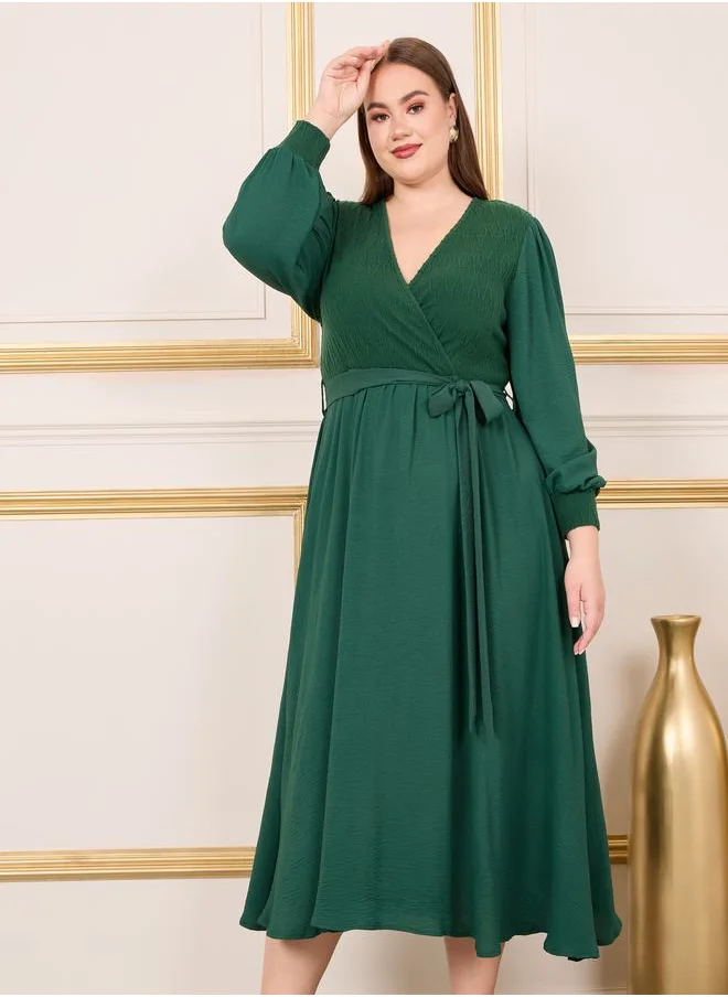 ستايلي Plus Textured Knit Self Tie Up A-line Midi Dress