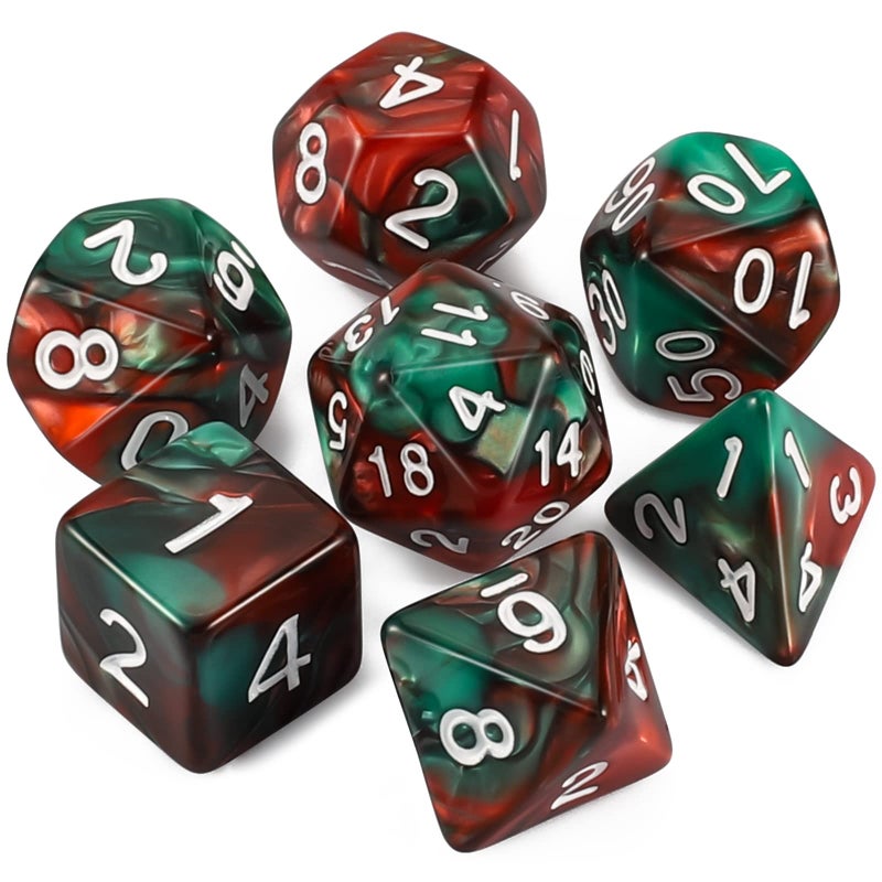 QMAY DND Dice Set - Polyhedral Dice (Red Mix Green) 7 Pcs for Dungeon and Dragons D&D RPG Role Playing Games Dice with Dice Bag - Image 1