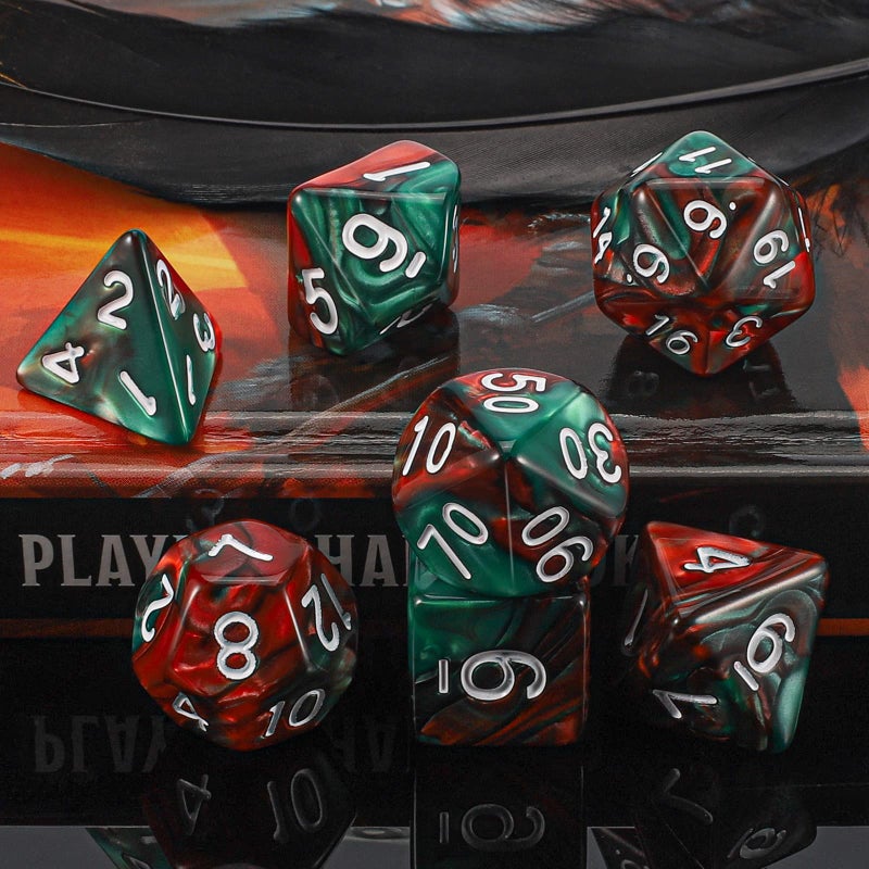 QMAY DND Dice Set - Polyhedral Dice (Red Mix Green) 7 Pcs for Dungeon and Dragons D&D RPG Role Playing Games Dice with Dice Bag - Image 4